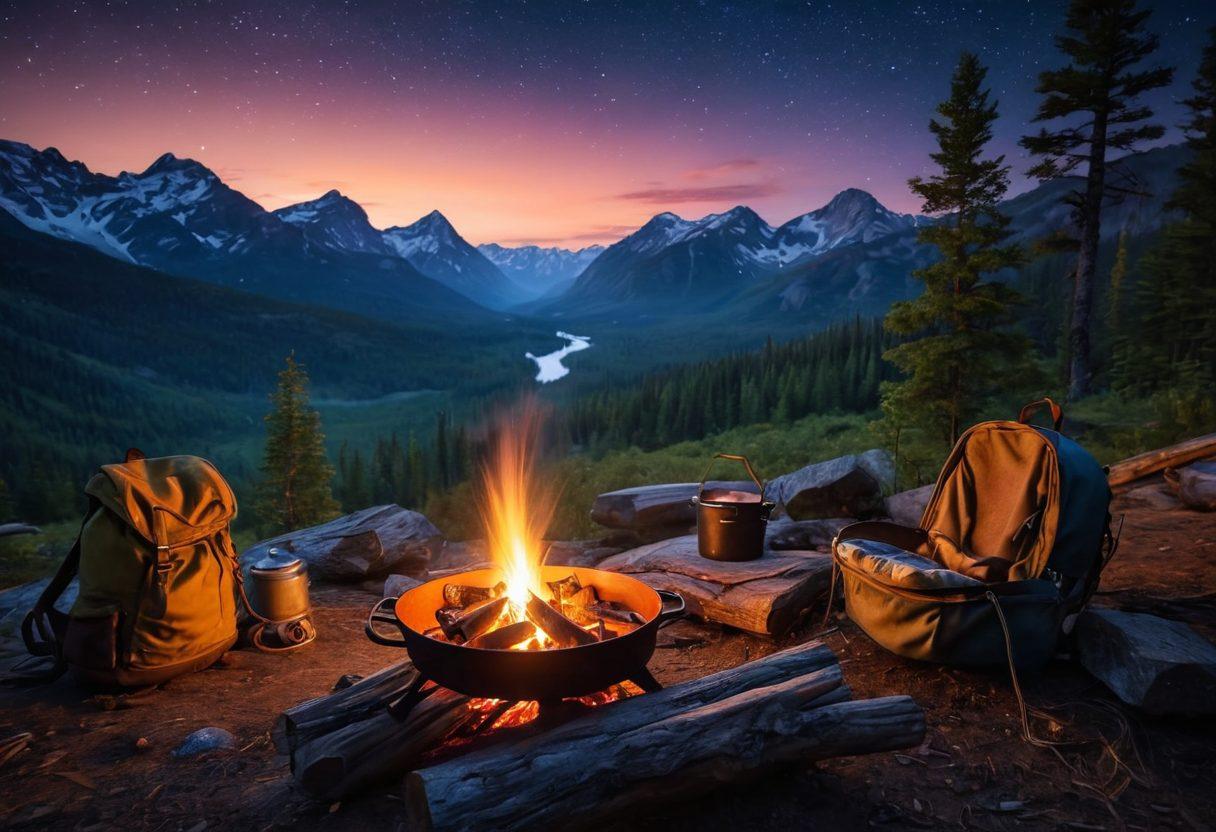 A cozy campfire surrounded by a starry night sky, featuring a skillet with delicious food cooking over the flames. Nearby, a well-equipped backpack and survival gear are laid out on a log. In the background, majestic mountains rise under a full moon, creating an adventurous ambiance. The scene conveys warmth and exploration, inviting viewers into the wilderness experience. super-realistic. vibrant colors. night setting.