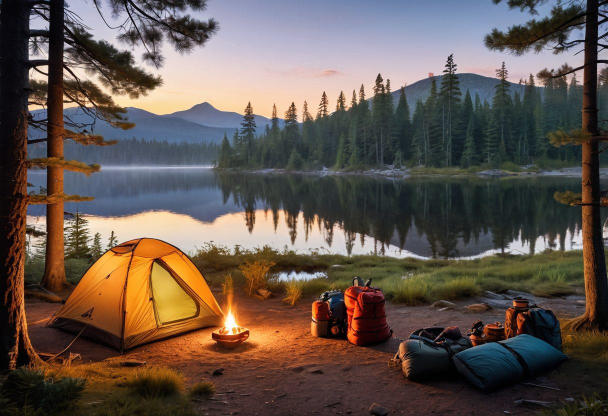 A picturesque campsite at sunrise, featuring a cozy tent surrounded by essential camping gear like backpacks, a lantern, and a portable stove. Include a serene forest backdrop with pine trees and a calm lake reflecting the morning light. Add a campfire with flames gently flickering, creating a warm atmosphere. Super-realistic. Vibrant colors. 3D.