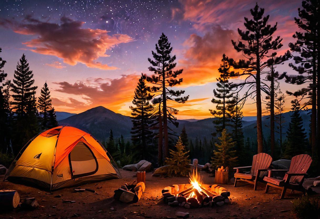 A cozy campsite scene at sunset featuring a well-set-up tent surrounded by a campfire, s'mores roasting on sticks, kids playing nearby, and pine trees silhouetted against the colorful sky. A starry twilight above hints at an adventurous night ahead. super-realistic. vibrant colors. warm atmosphere.